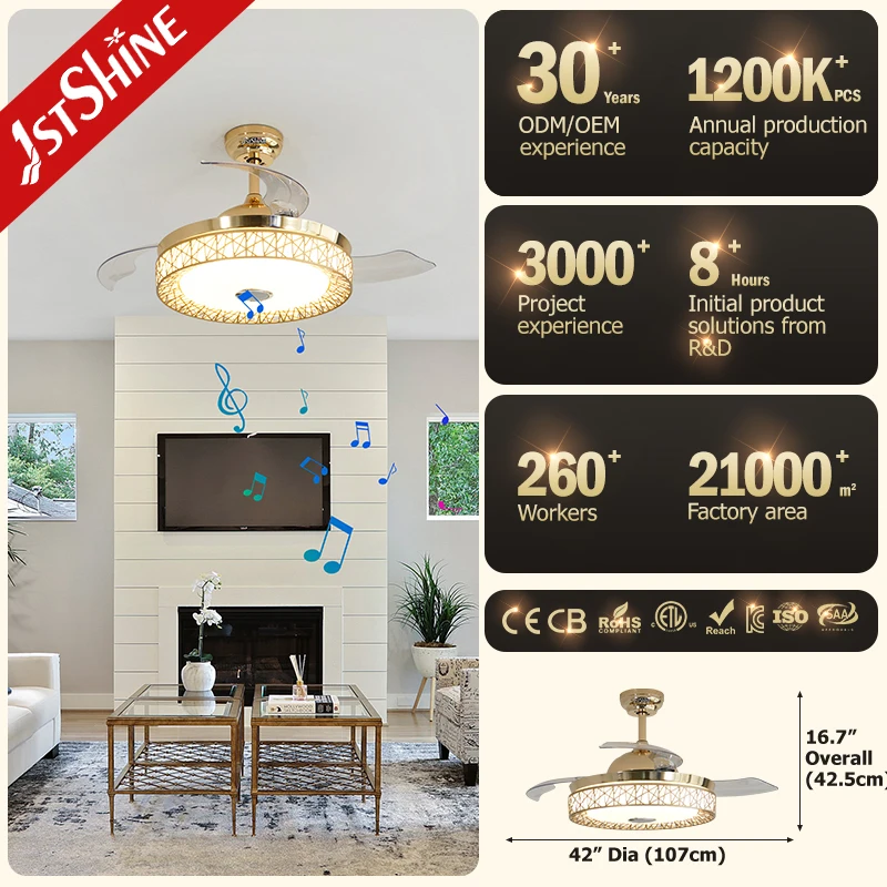 1stshine led ceiling fan New Arrival 230v 42 inch retractable chandelier Ceiling Fan With Speaker