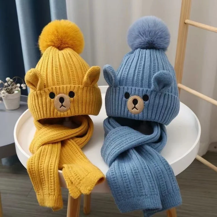 High Quality Warm Beanie Kids Winter Hat Scarf Sets Custom Little Bear Ladies Designer Hat And Scarf Brand Sets Cap For Kids