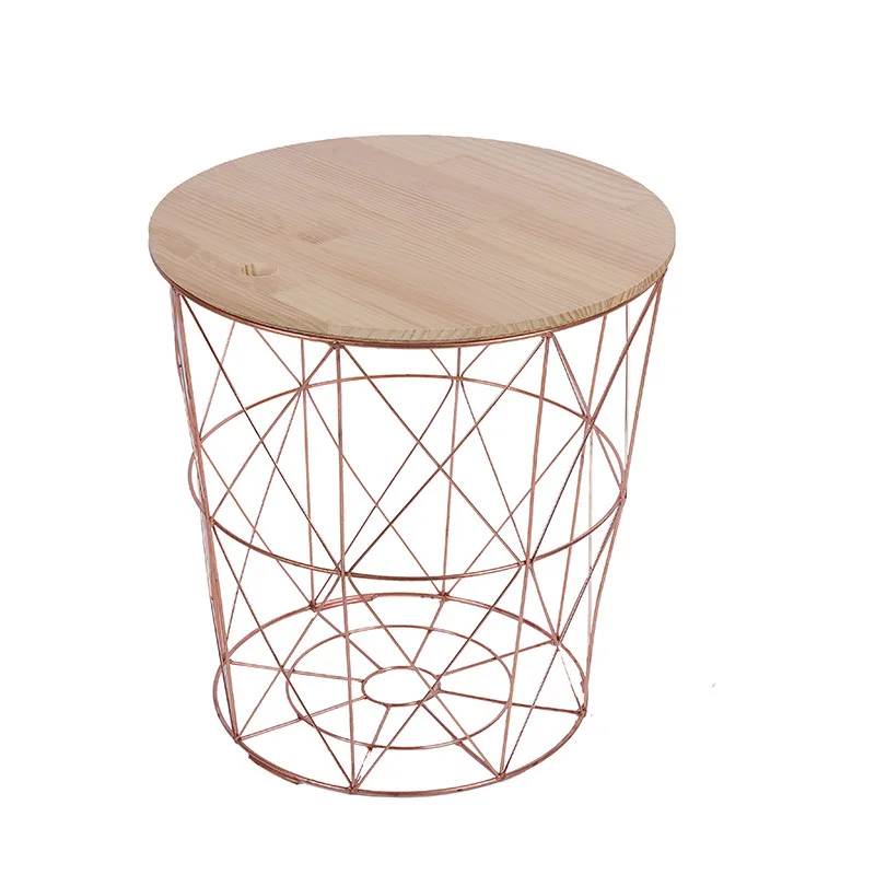 Hot selling promotional elegant design metal MDF round side tables coffee table for living room furniture storage basket
