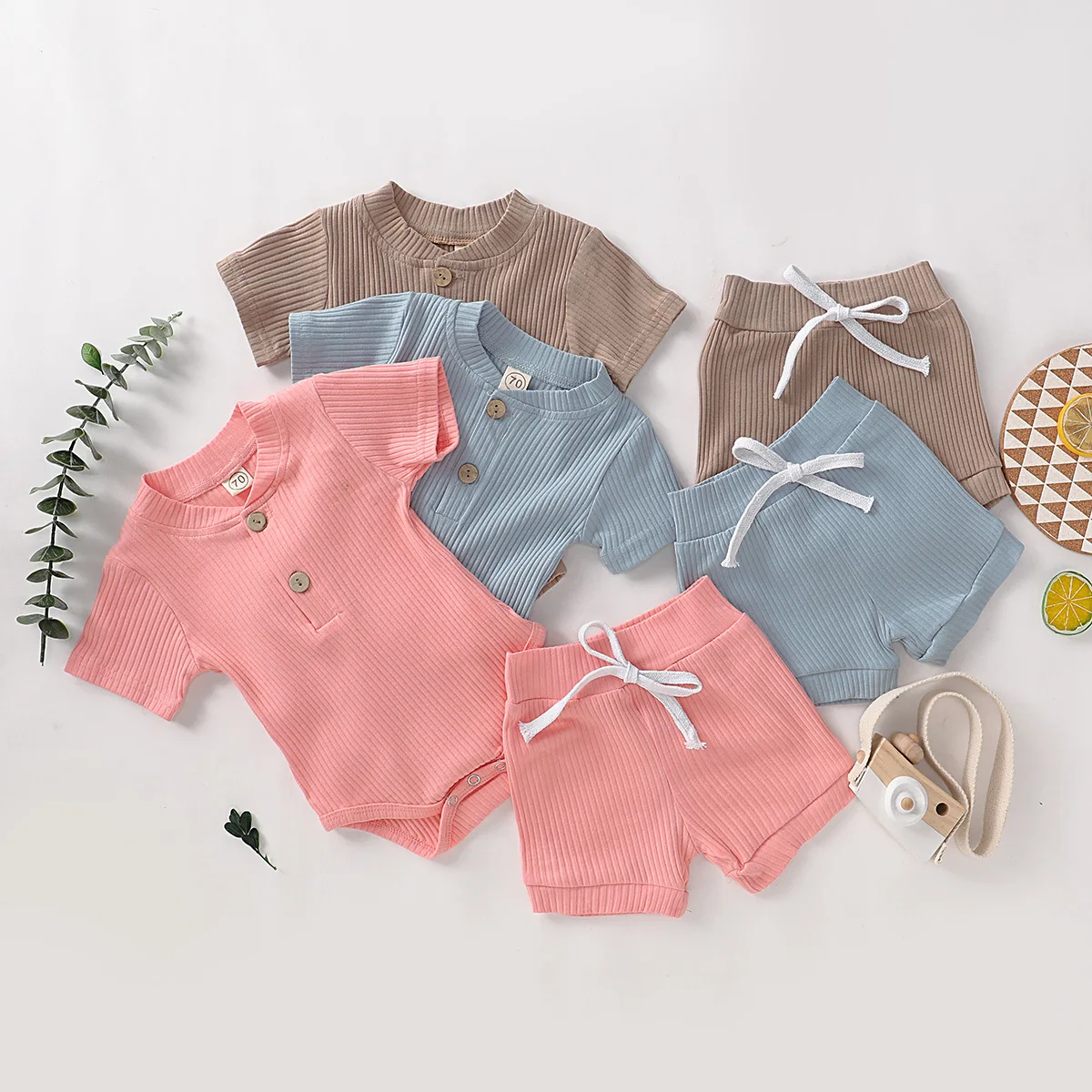 custom Cotton romper short pants set solid color rib Baby Clothing Sets plain kids set clothing short sleeve