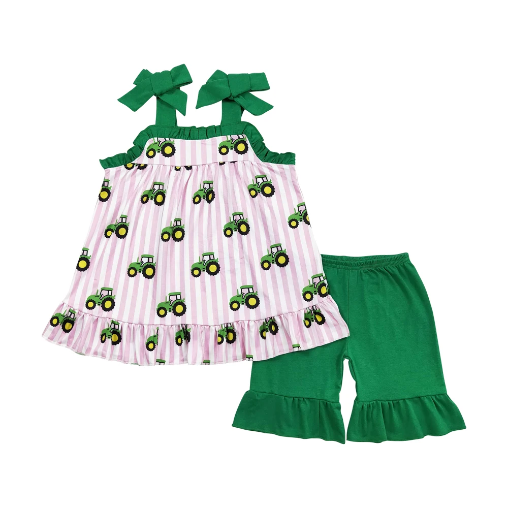GSSO1222 Farm tractor Pink striped Green lace halter shorts set girls clothing sets 13 to 14