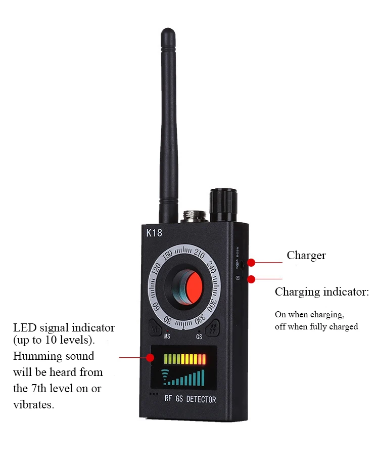 K18 Wireless Spy Bug Detector, Hidden Camera Detector, GPS Tracker Finder RF Signal Detectors GSM Magnetism Detection Scanner