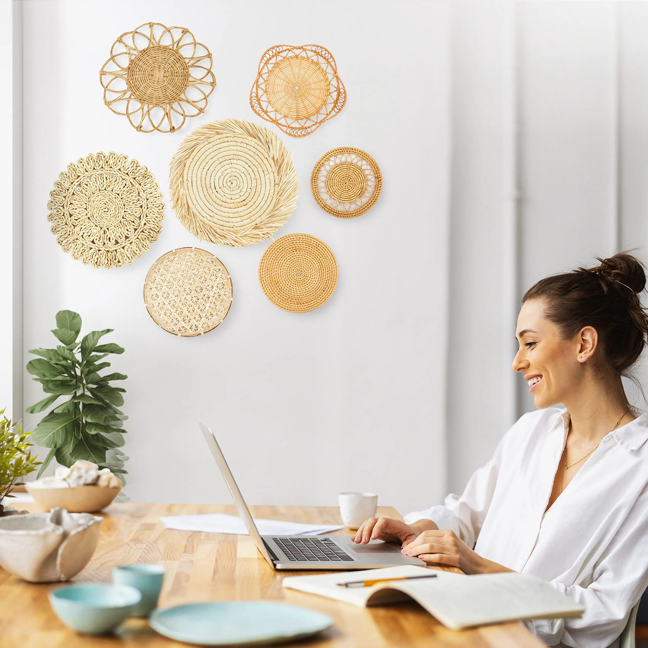 Haosen Rattan Wicker Wall Hanging Decor Basket Charger Home Plate Placemat S7 Natural Boho Handwoven