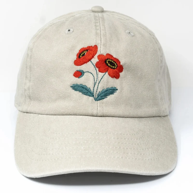Red Poppy Flower Embroidered logo custom Baseball Cap Washed Cotton Curve Brim Summer dad Hat