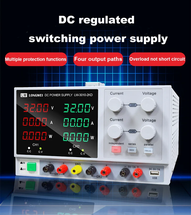 LW30102KD Longwei 30V 10A DC Regulated Power USB Interface Adjustable Switching Lab Testing Variable Dc Power Supply