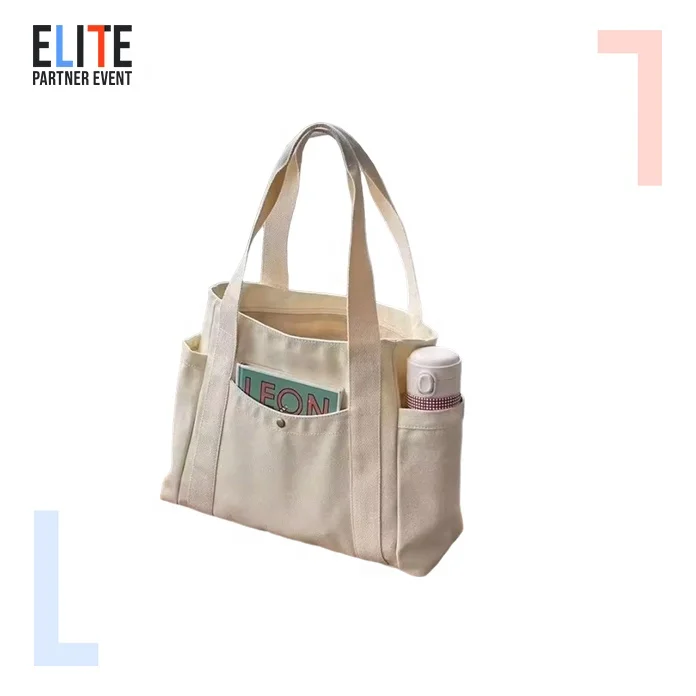 Custom Logo Size Printed Eco Friendly Canvas Shopping Bag with Multiple Pocket Cotton Plain Tote Bags for Women Shoulder Grocery