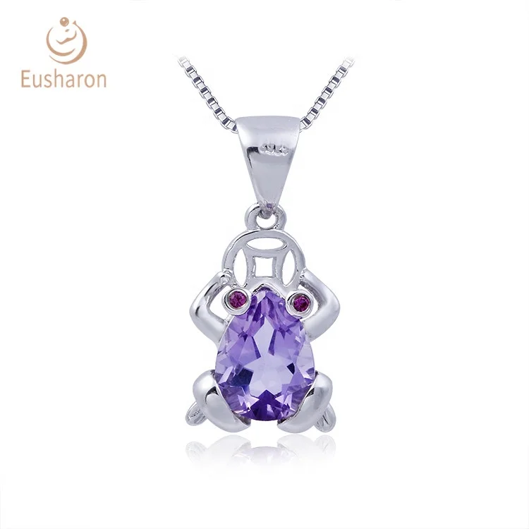 Animal Jewelry Frog Shape Design S925 1.5ct Natural Amethyst Pendant Gemstone Necklace