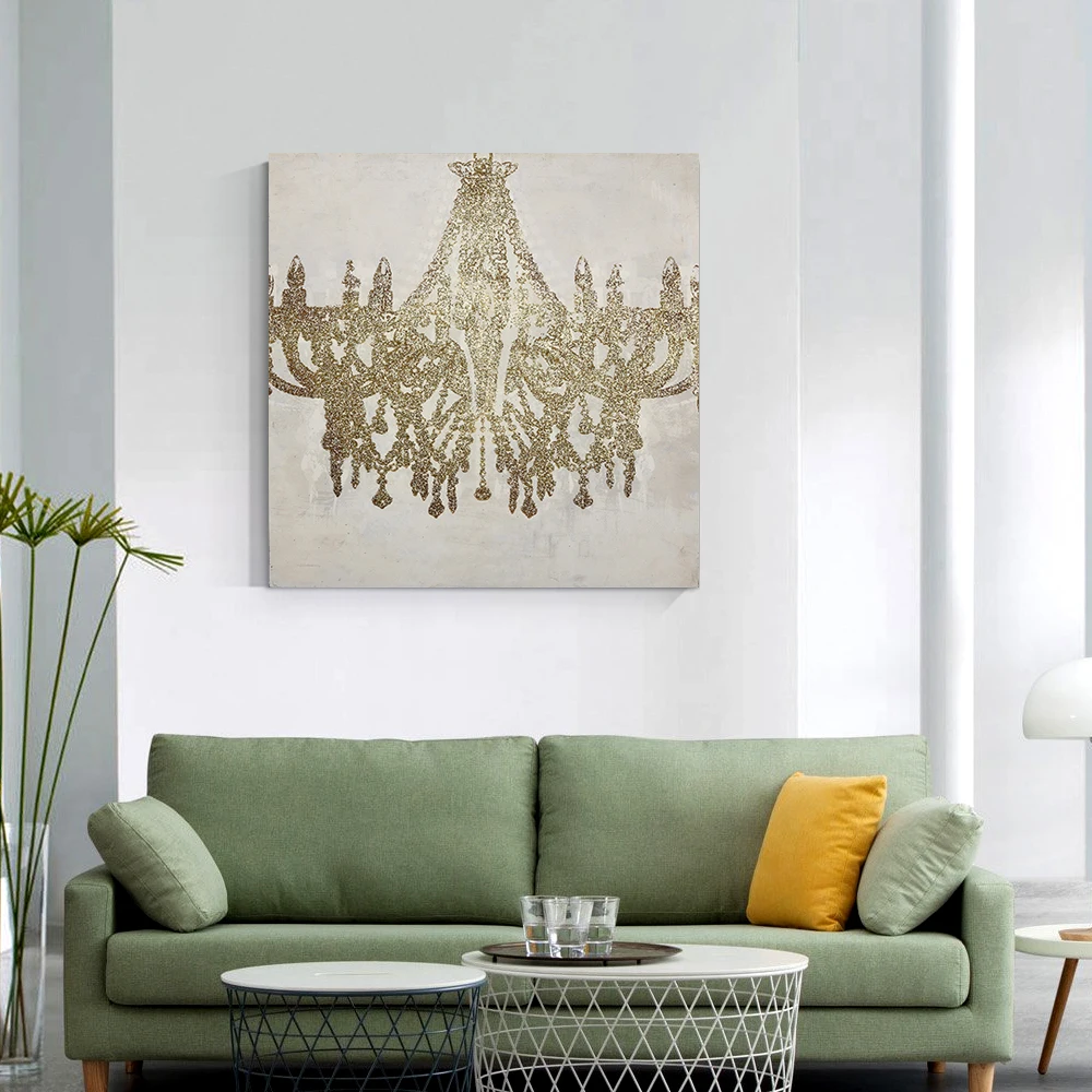 Handmade glitter chandelier oil painting on canvas stretched wall art for living room