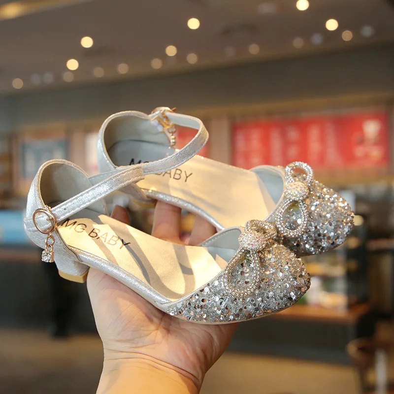 2022 spring and summer new trendy kids sandals high-heel 3cm crystal shoes fashion girls bow kont princess shoes children