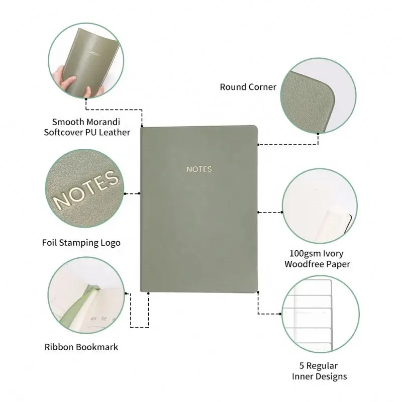 Free Sample Morandi PU Leather Soft Cover A5 Plain Grid Blank Notebook Dotted