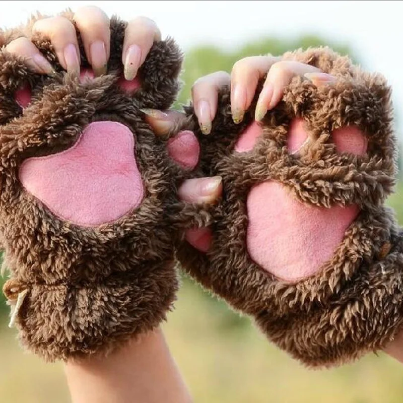 Wholesale Cat claw gloves winter cute cartoon cat girl fingerless gloves thickened plush bear paw half finger gloves