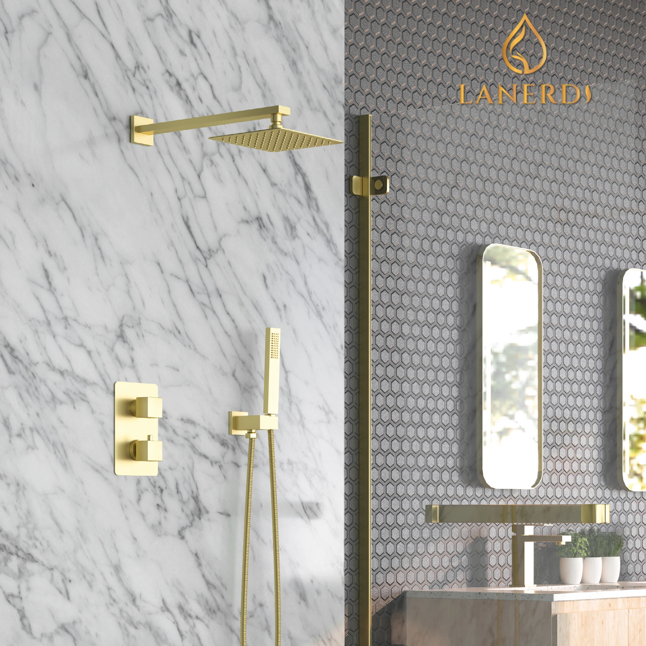 Lanerdi Modern Two Functions Brushed Gold Square Wall Mount Bathroom 38 Thermostatic Hidden Faucet Rain Shower Systems Set