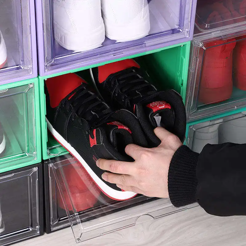 Custom Stackable Plastic Sneaker Container Shoe Box Magnetic Drop Front Acrylic Transparent Storage Dustproof For Display Home