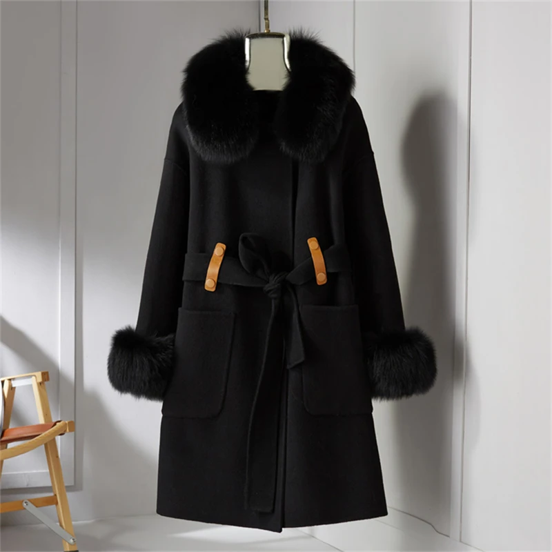 Women Winter Real Fox Fur Coat Jacket 2021 Female Lady Over Size Wool Blends Parka Trench Cape Z21172
