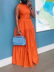 2022 New arrival Trending New African Women Solid Color Orange Large Swing Long Dress Lady O neck Sleeveless career dresses