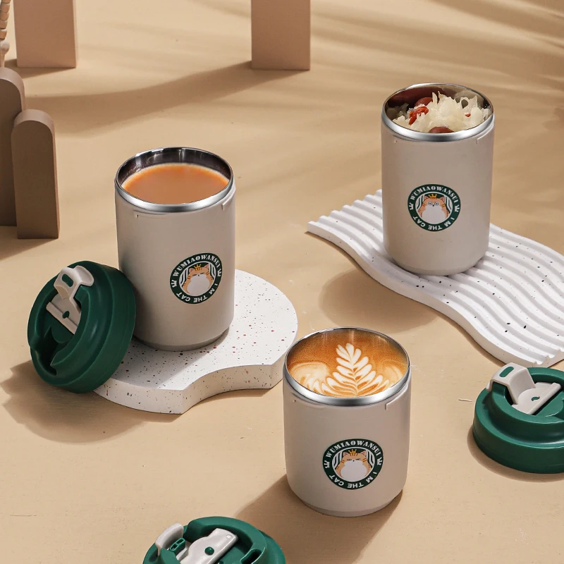 Custom stainless steel 304 safety pp fantastic designed drinking way store office cute cat iced coffee cups with lids