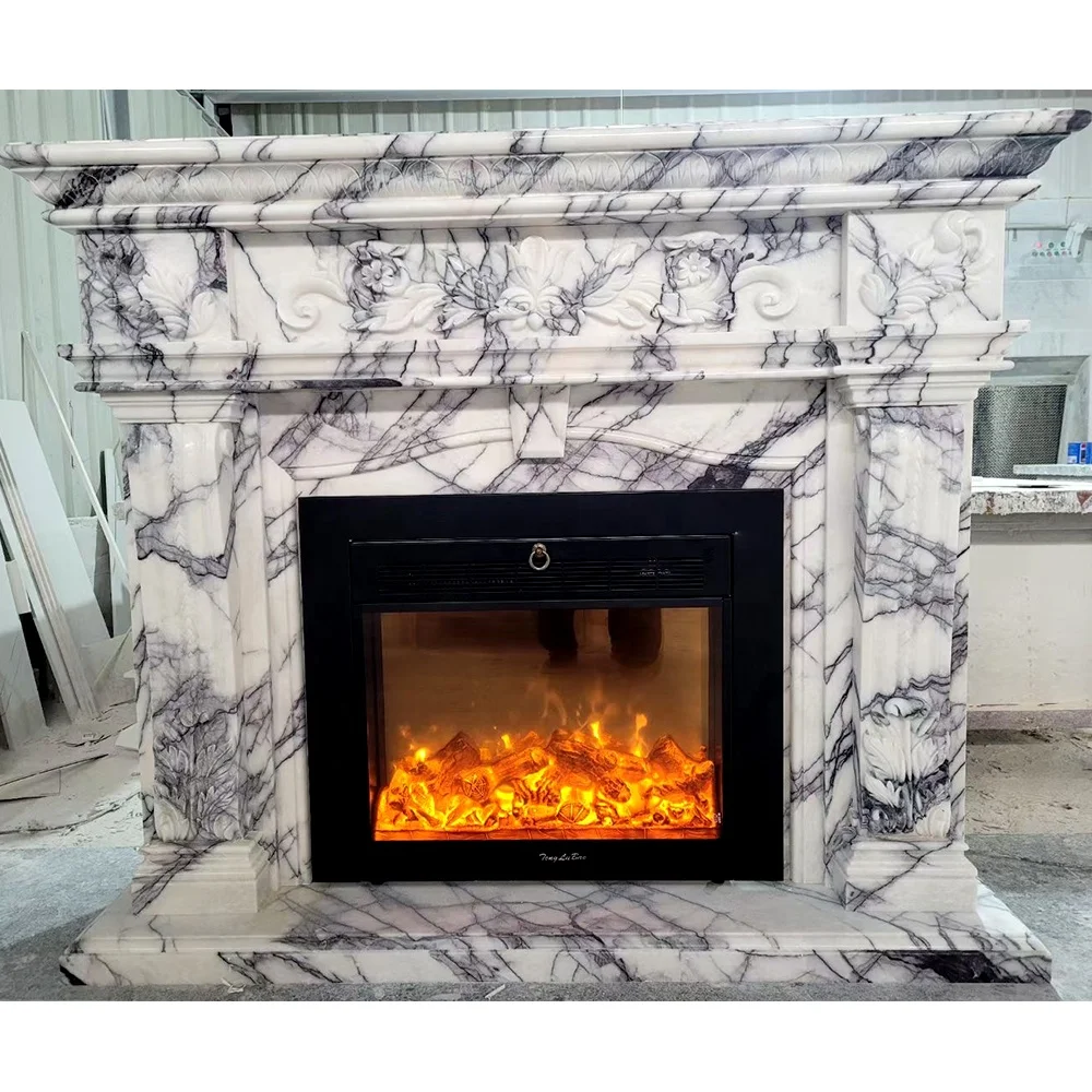 Modern Design Luxury Handcarved Lilac Marble Fireplace Surrounded for Interior Home Decoration