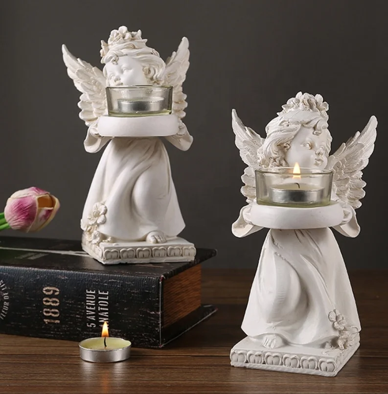 indoor baby angel statues with tray resin angel figurines sculpture decoration european religious candle holder