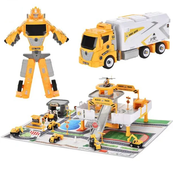 3 In 1 Transform Robot Toy Engineering Container Deformation Truck Diy Assembly Garage Parking Lot With Alloy Car
