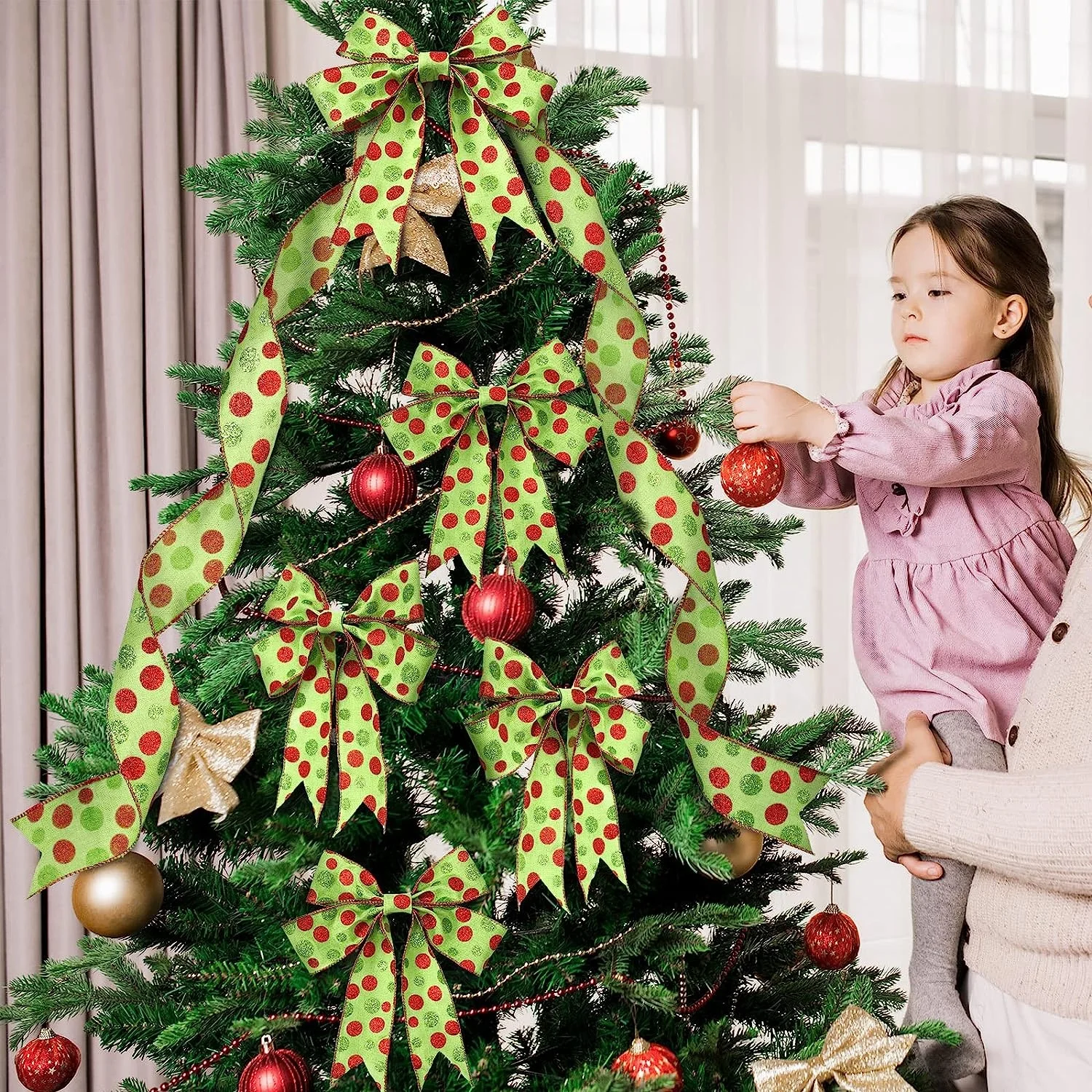 OKAY Christmas Glitter Green Red Polka Dot Printed  Wired Edge Burlap Decorative Ribbons for DIY Craft Bows