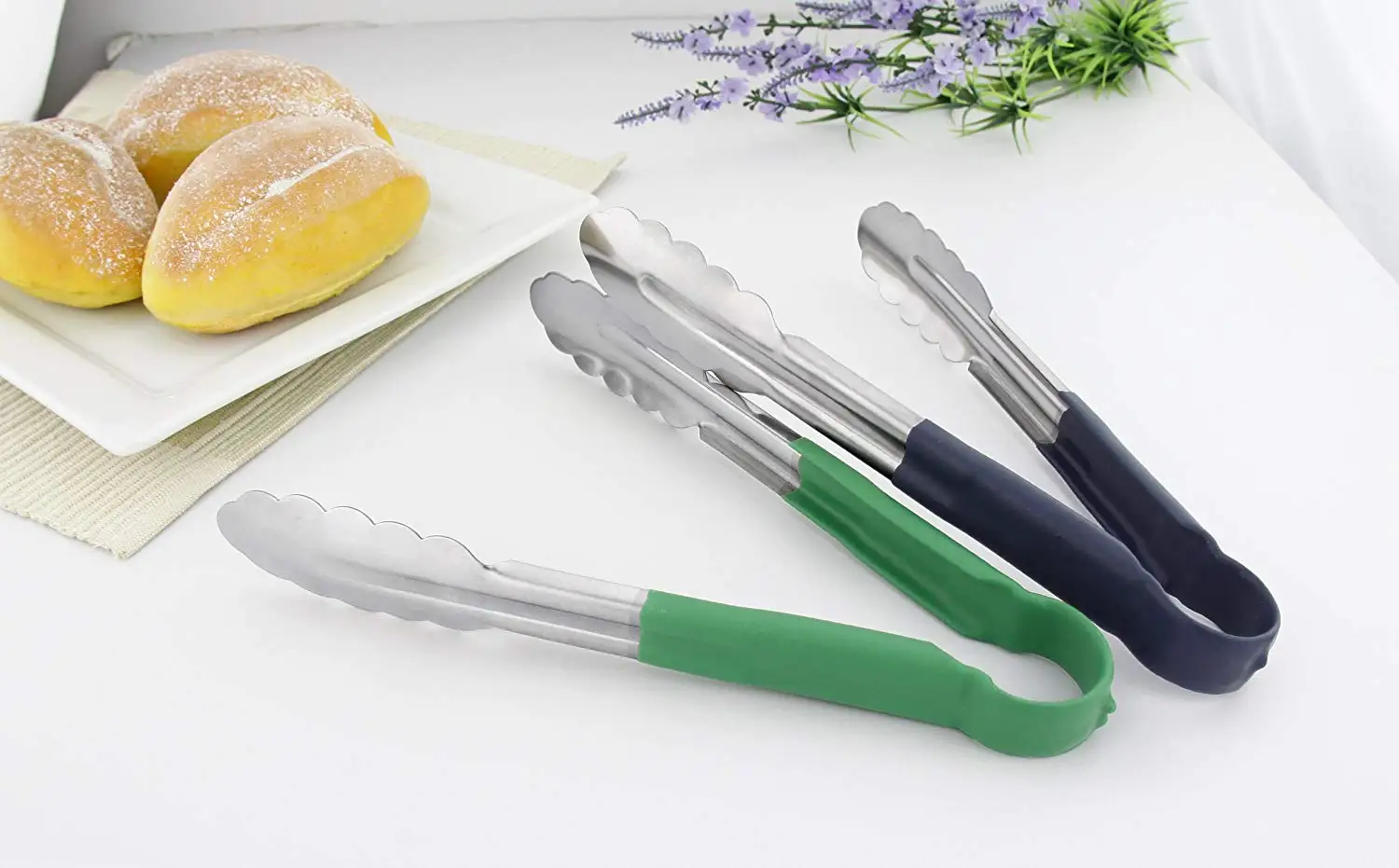 Stainless Steel Scalloped Utility Tong Vinyl Coated Utility Tongs  Stainless Steel Tongs with Vinyl Handle 9 inch Blue