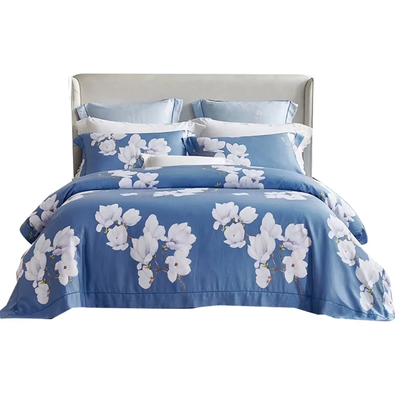 300T Cool Silk Smooth Print Designs Tencel Quilt Cover Pillow Case 4 Pcs Bedding Set