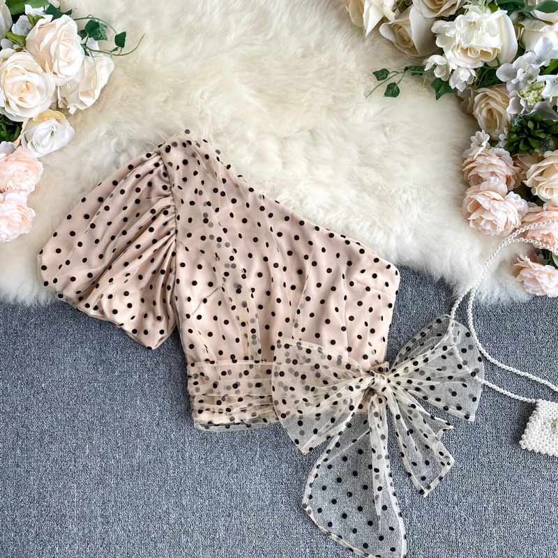 Короткий топ M868, Женская Корейская блузка с косым воротником и коротким рукавом, милая сетчатая рубашка в горошек с принтом, модная пикантная Элегантная блузка