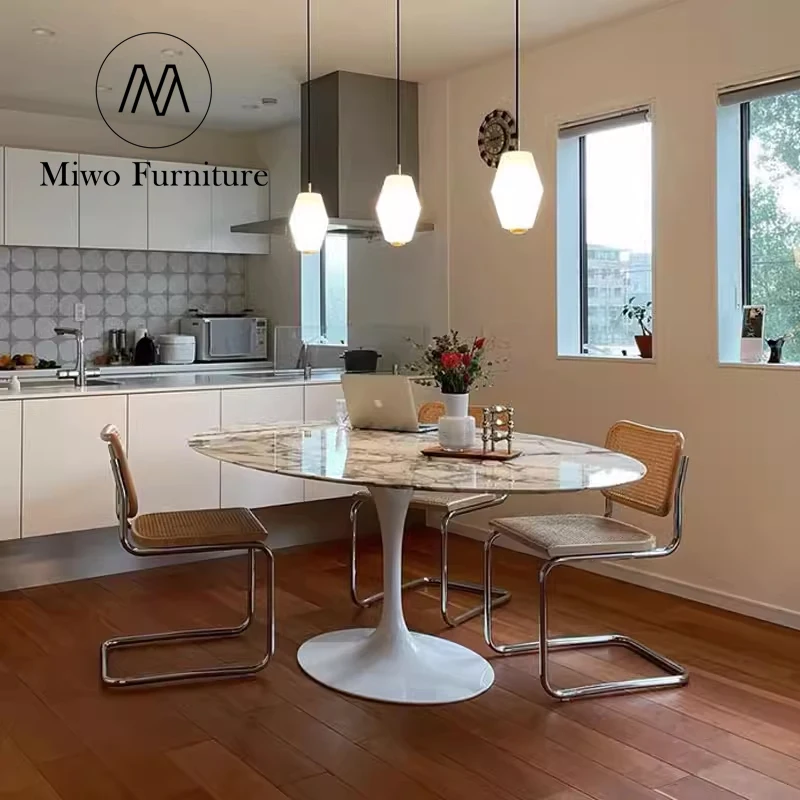 Classic modern furniture design dining table set 6 seater home restaurant coffee shop round natural marble conference oval table