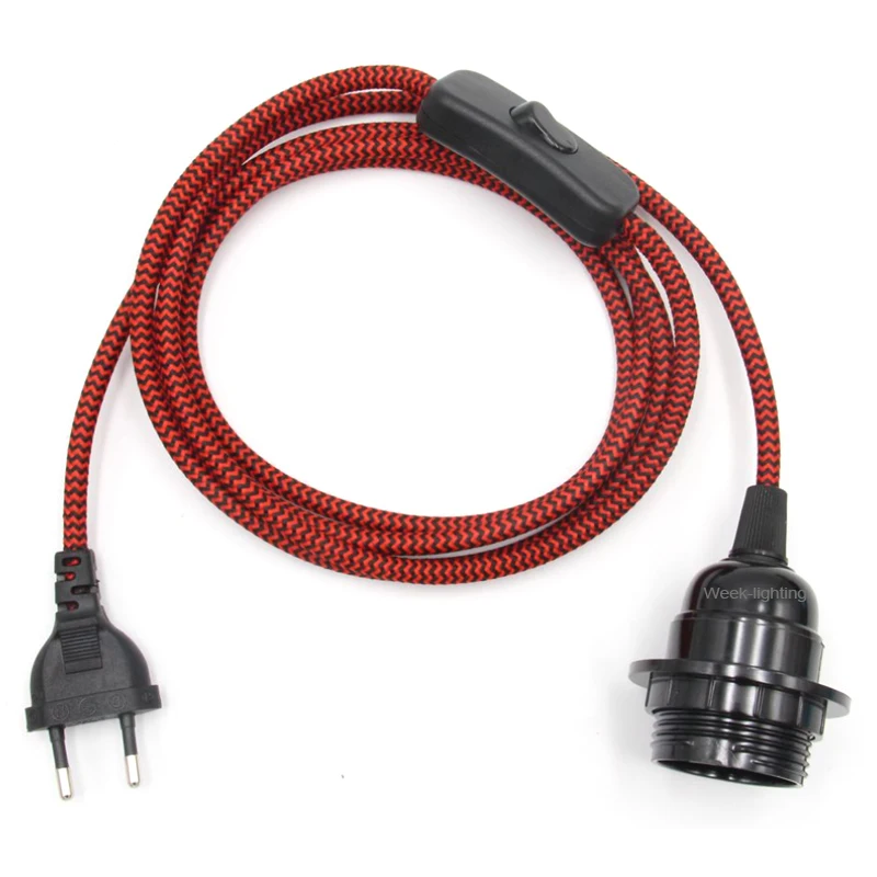 Vintage Hanging Light Cord Euro Power Cords With Inline Switch 2 Meters Fabric Covered Cable E27 Threaded Bulb Lamp Holder