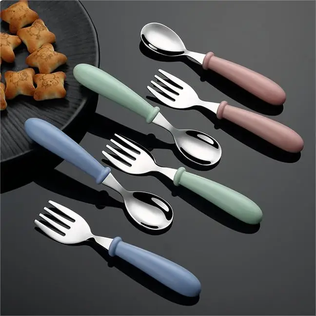 Food Grade 304 Stainless Steel Cute Fork Spoon Children Kids Flatware with ABS Handle