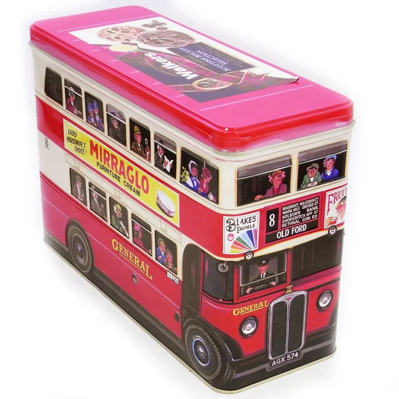 promotional gift tin bus car shaped metal box with 4 turning wheels