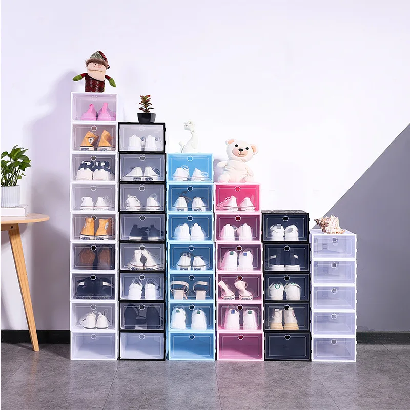 Transparent clear plastic shoe storage box organizer stackable foldable shoe containers plastic storage box