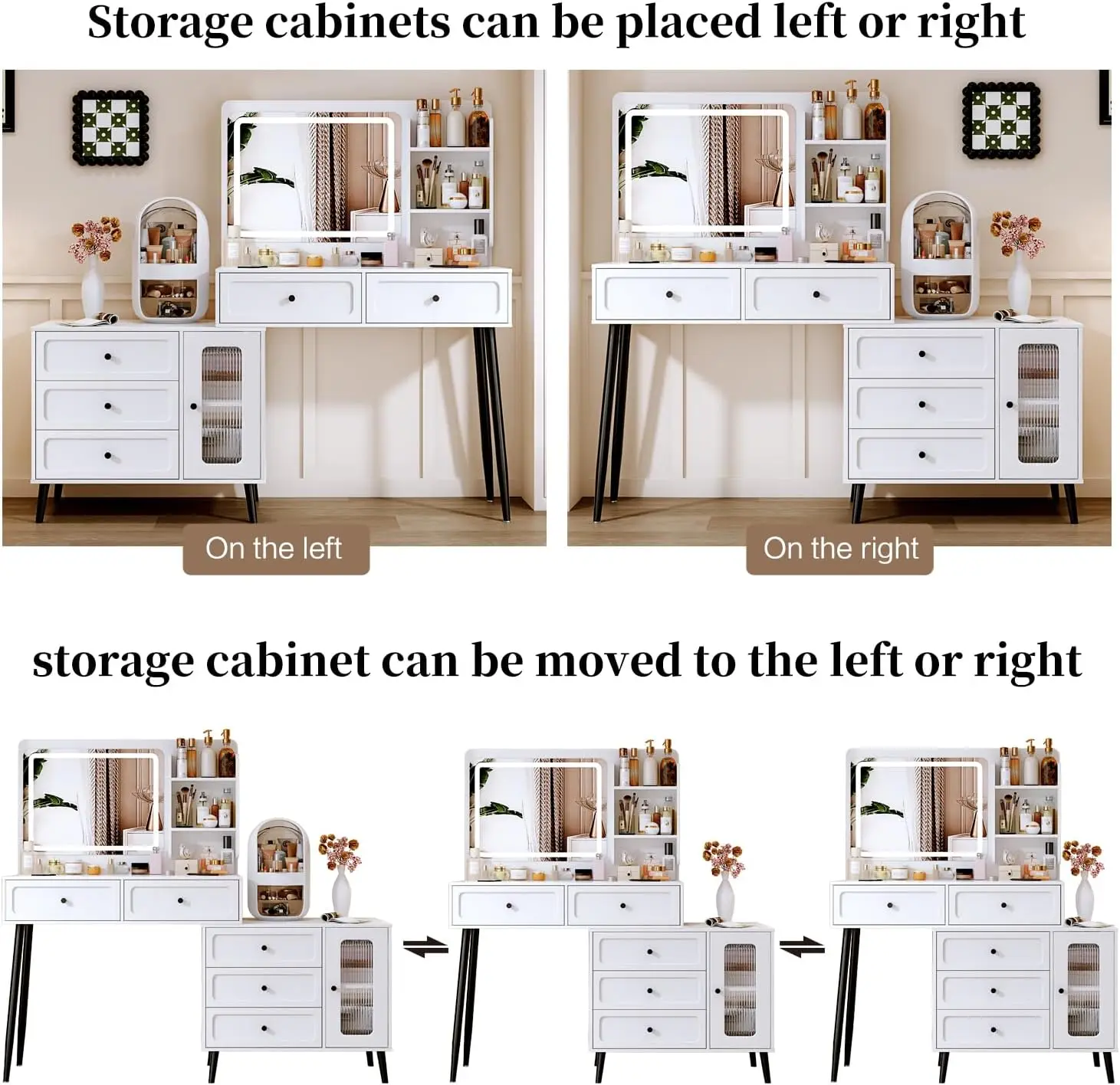 Bedroom furniture modern White Makeup Vanity Desk with Mirror Adjustable Cabinet & Drawers