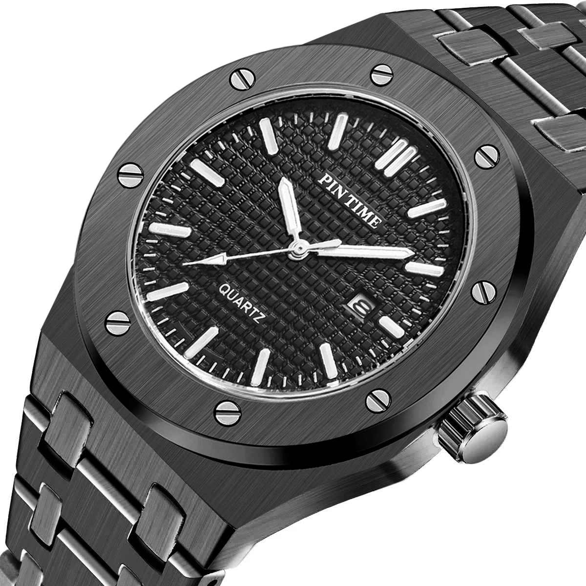 Часы PINTIME Мужские кварцевые, модные повседневные Стальные Роскошные водонепроницаемые в стиле милитари, с датой