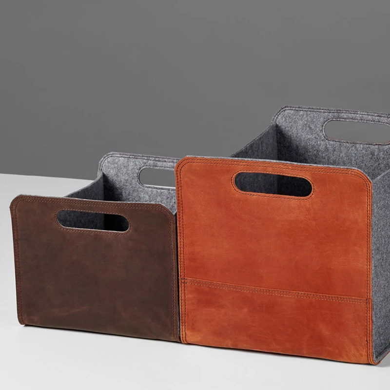 Felt Storage Basket with Leather Sides Felt Storage Bin with Handles Organizer