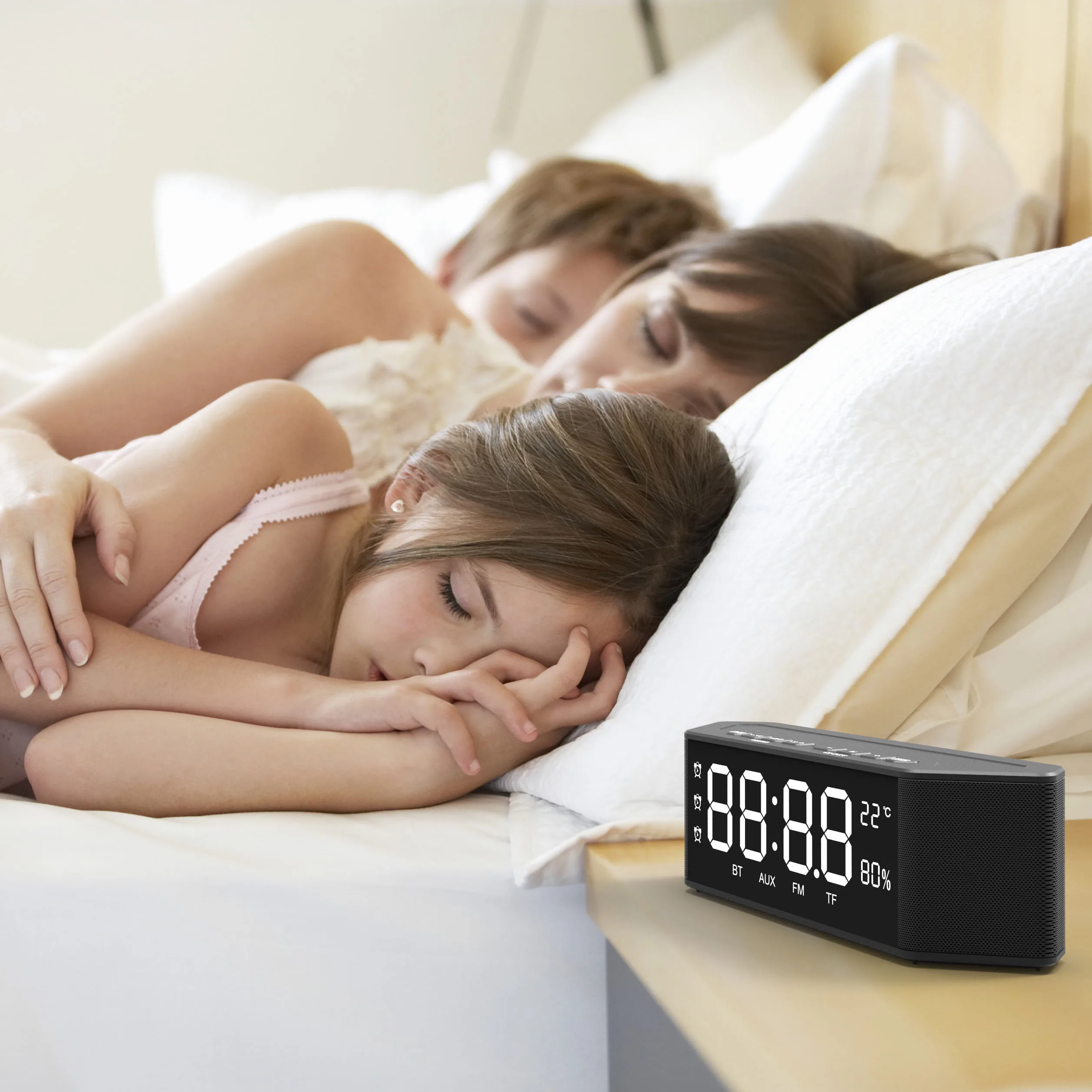 Custom Wholesale New Alarm Clock Digital Display LED Subwoofer Music Player Wooden Wireless Speaker