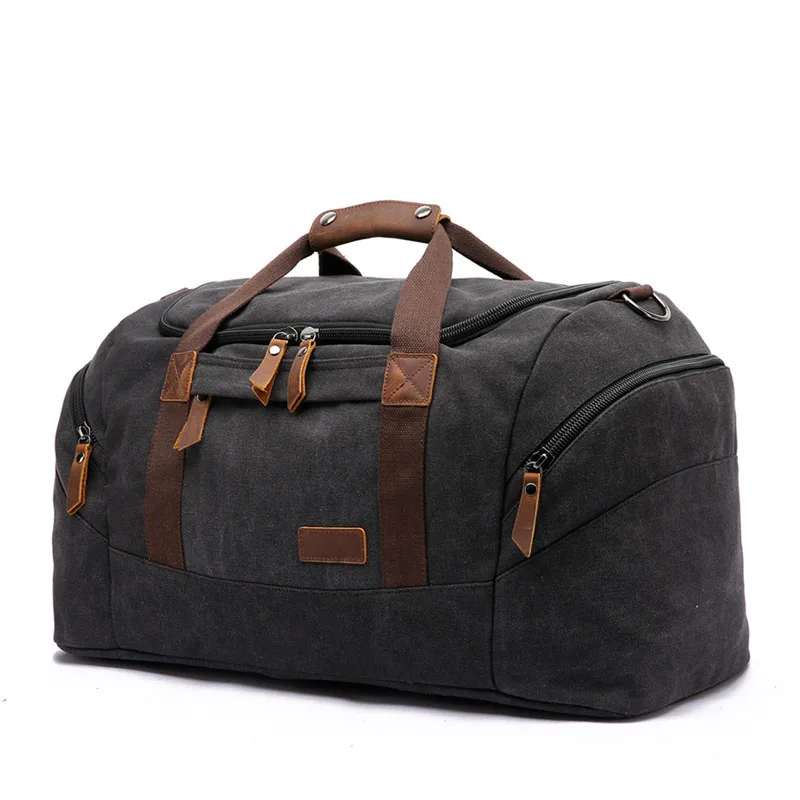 Aosheng Wholesale New Large Popular Portable Men Black Canvas Weekend Bag Luggage Duffle