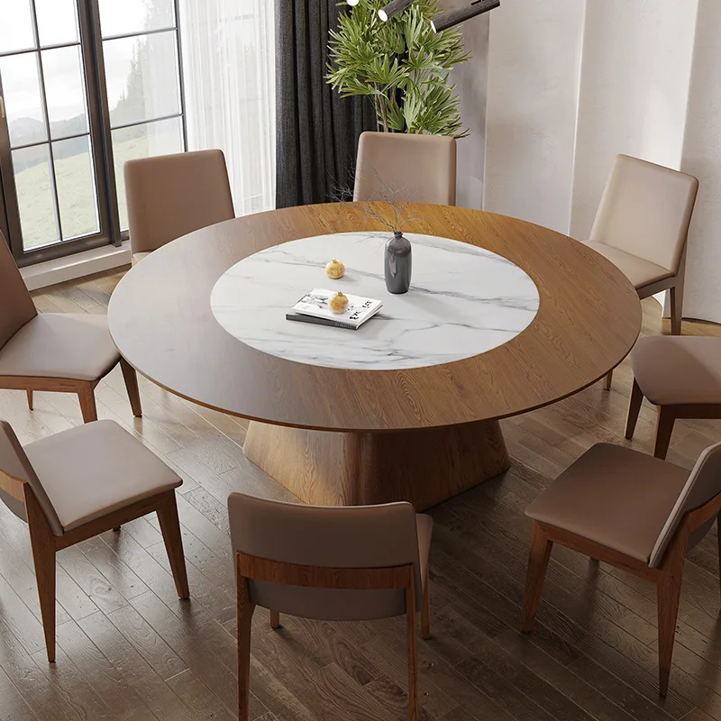 Sintered Stone Slab Dining Table Household Solid Wood Walnut Ribbon Embedded In Rotary Round Table Northern Europe Large Table