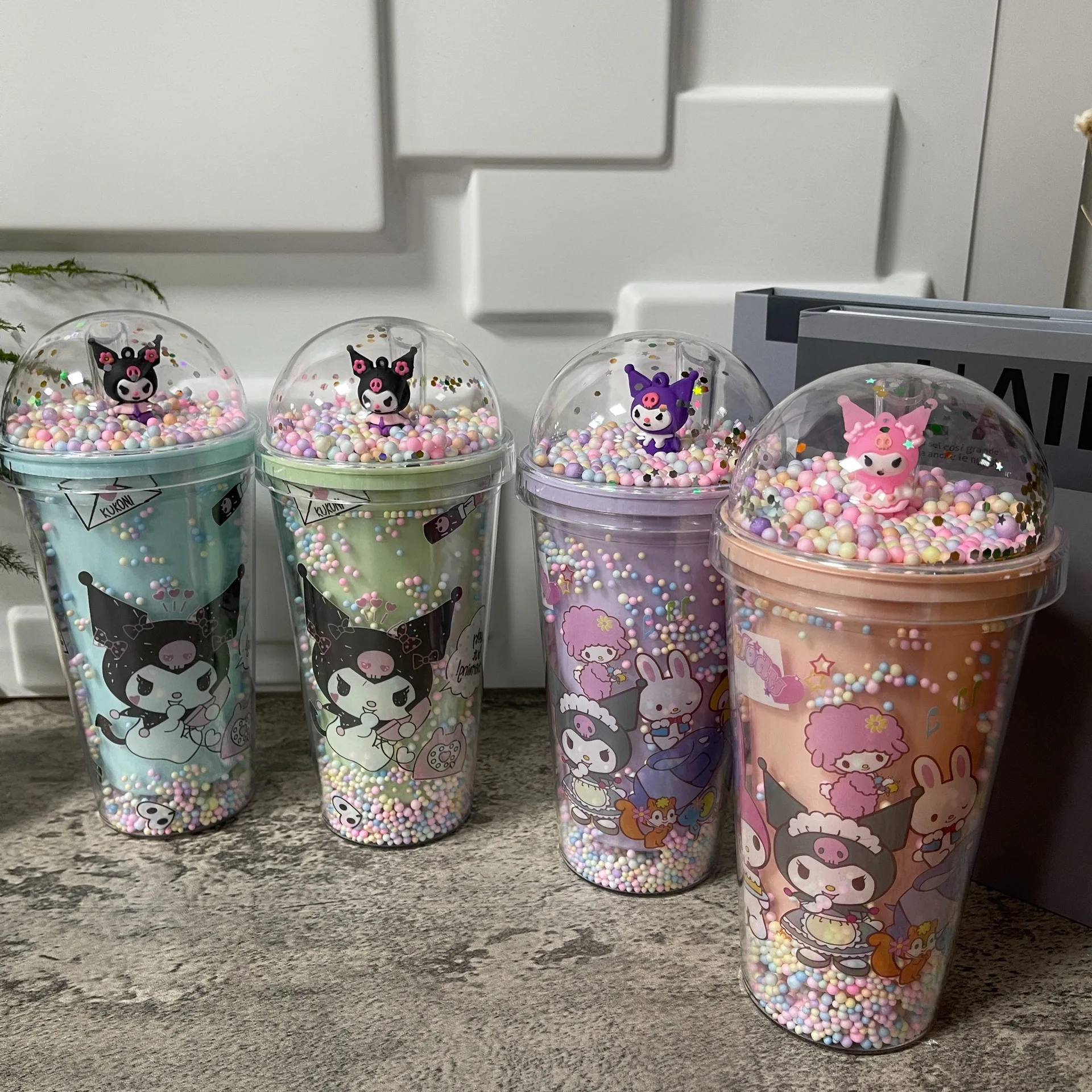 YWMX New Design Kuromi Cartoon Plastic Cold Water Glass Straw Cup Double-layer Glass Sequined Crushed Ice Cup Wholesale
