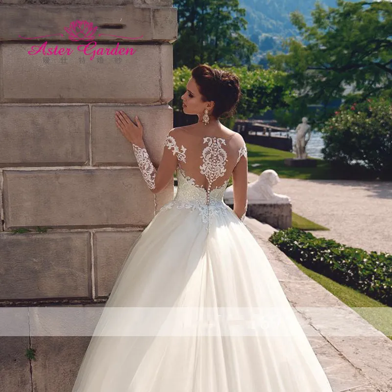Aster garden Illusion A-Line Wedding Dress Invisible Neckline Long Sleeve Bridal Dresses Court Train Elegant Princess Bride Gown