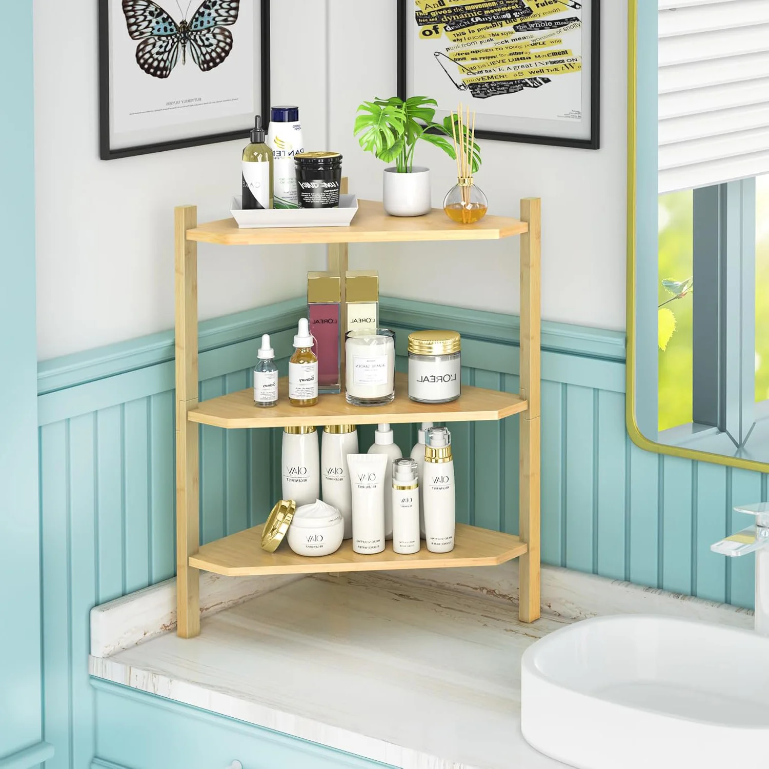 Bamboo Shower Corner Shelves Free Standing Shelf Storage Organizer for Bathroom Living Room 3 Tier Wood Corner Shelf