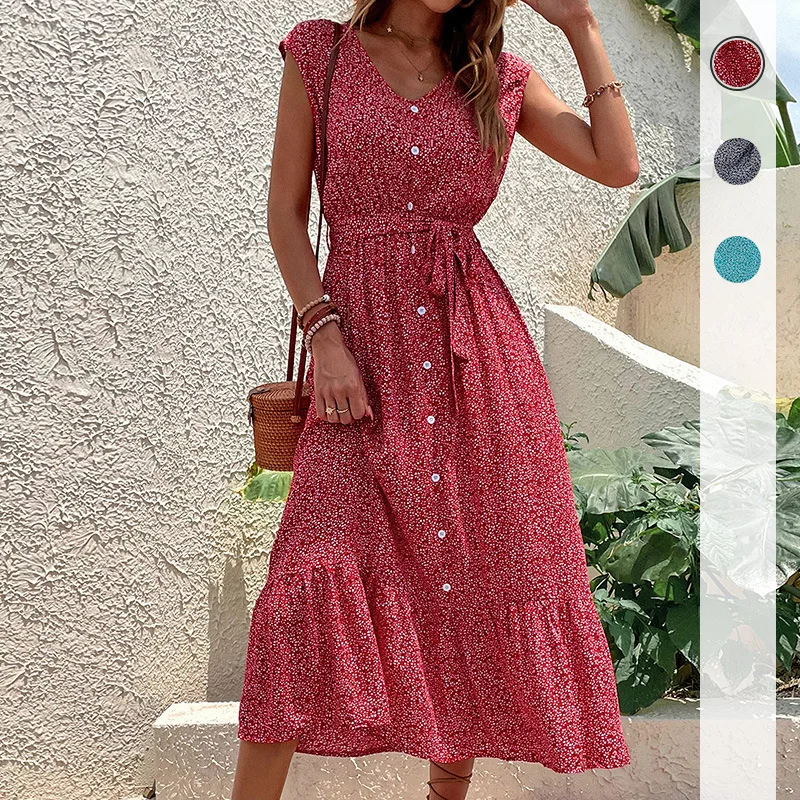 2023 Women summer fashion holiday style boho floral printed short sleeve maxi long dress