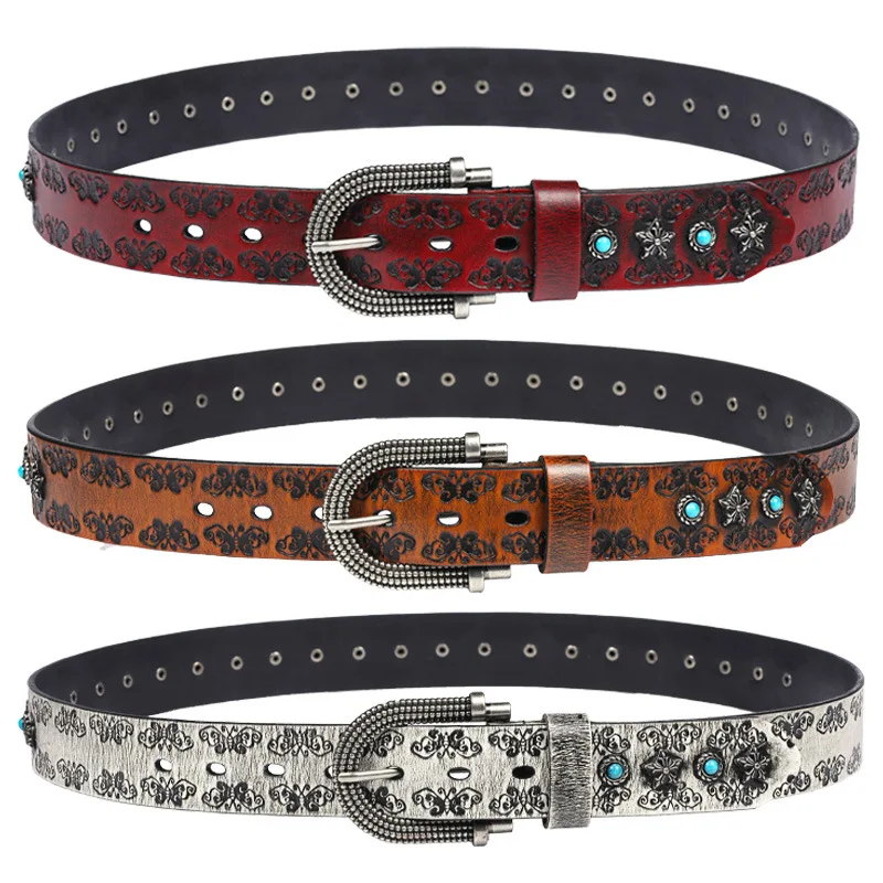 New vintage embossed rivet Turquoise inlaid high-grade ethnic style personalized decoration versatile belt