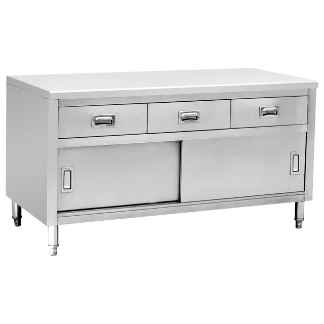 Stainless Steel Kitchen Work Cabinet With  Sliding Doors And 3 Drawers
