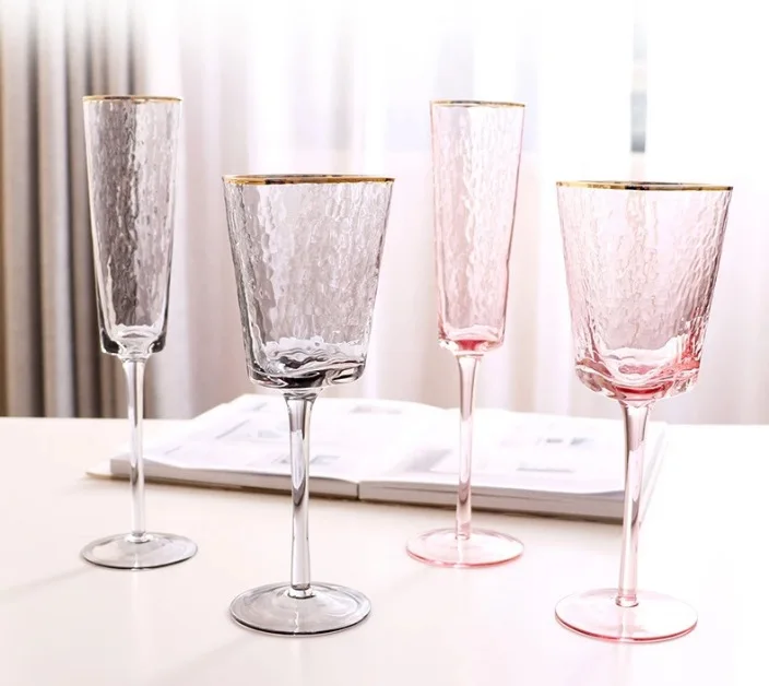 SJB024 Nordic vintage crystal red wine glass hammered texture pattern champagne cup set