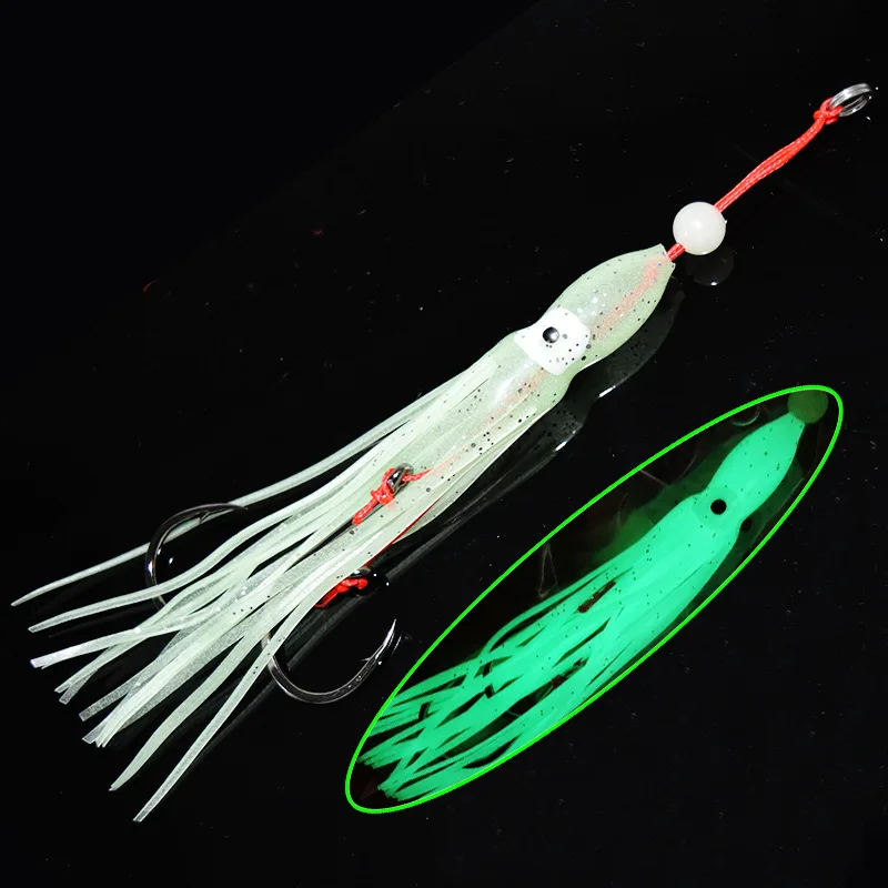 New arrival 120mm soft Fishing trolling Rubber Luminous Octopus Skirt sea fishing Glow Squid Skirt Lure with double hooks