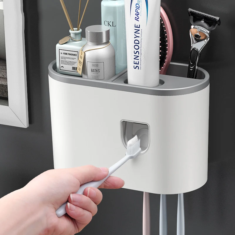Family Household Magnetic Plastic Tooth Brushing Gargle Cup Automatic Toothpaste Dispenser & Covered Toothbrush Storage Holder