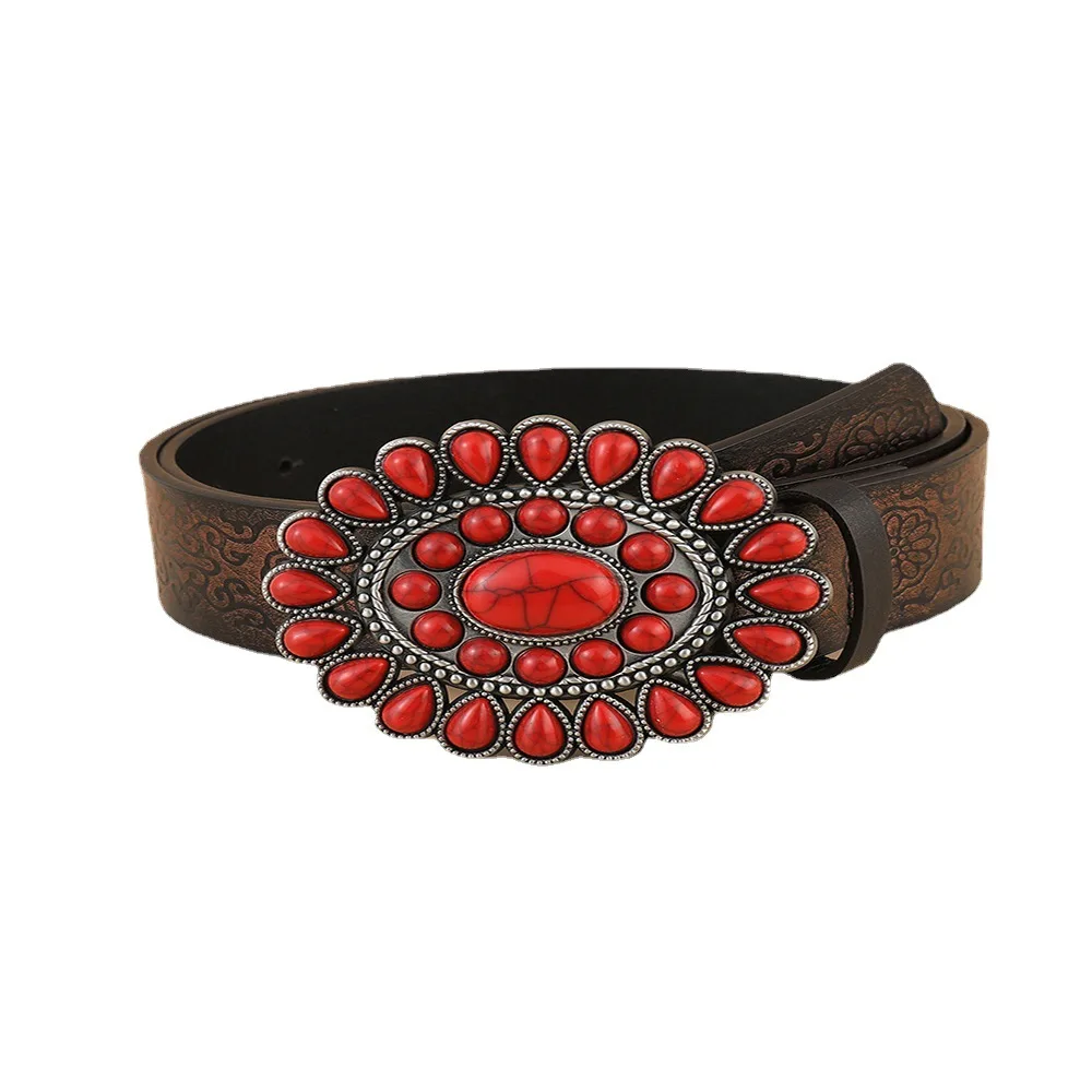 European American Retro Belt Y2k Ethnic Style Pu Belt Simple Design With Sapphire Inlaid Popular Buckle Made From Alloy Material