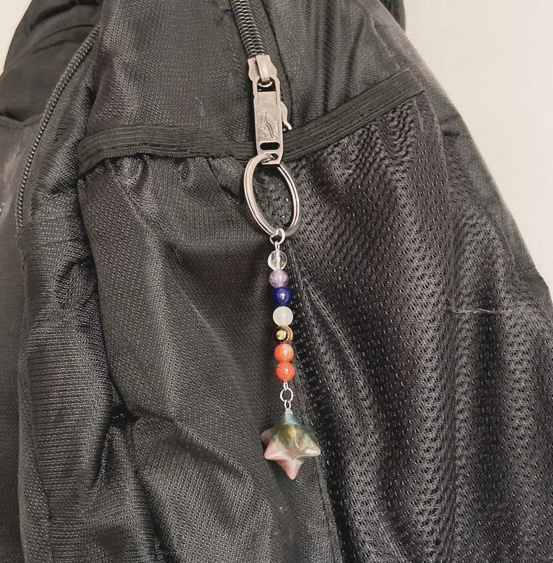 Natural Seven Chakra Stones Key Chain Reiki Crystal Merkaba Key Ring Pendant