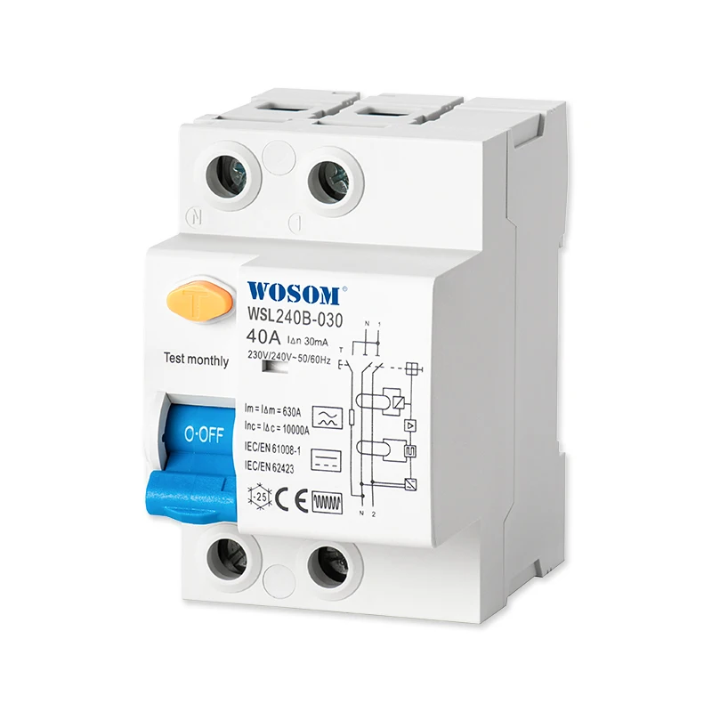 WOSOM Professional Manufacturer supply  RCD240-500 2Pole 40Amps 500mA rcd 360